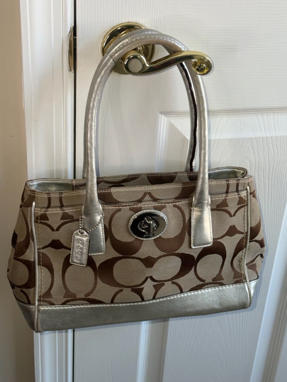 Coach Brown Signature Shoulder Bag with Silver Trim